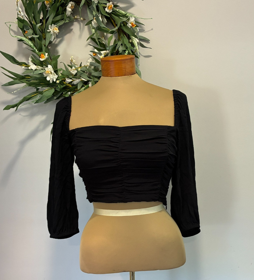 Aritzia Wilfred Black Ruched Crop Top Square Neck Puff Sleeve Blouse, Small